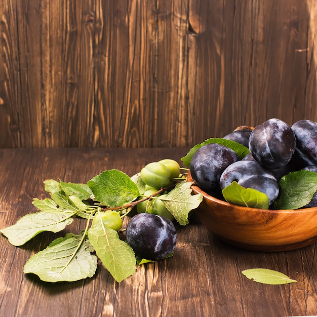 Concetto di autunno o raccolto: ciotola di legno piena di prugne mature.