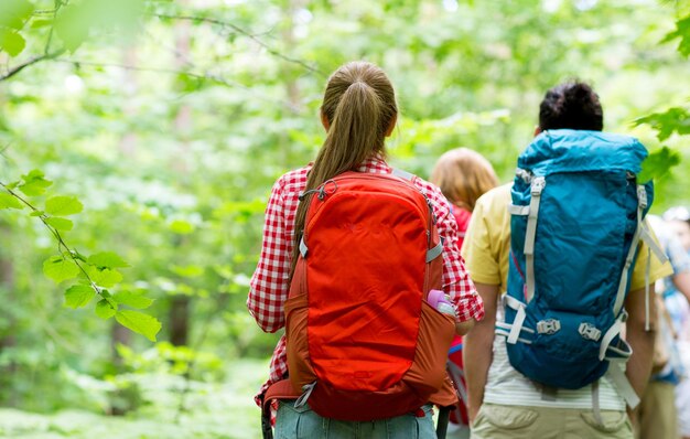 concetto di avventura, viaggio, turismo, escursione e persone - primo piano di amici che camminano con gli zaini nei boschi dal retro