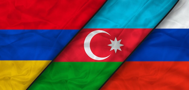 Concetto di bandiere di Armenia, Azerbaigian e Russia. Sventola bandiera, rendering 3D. Armenia Azerbaigian Russia.