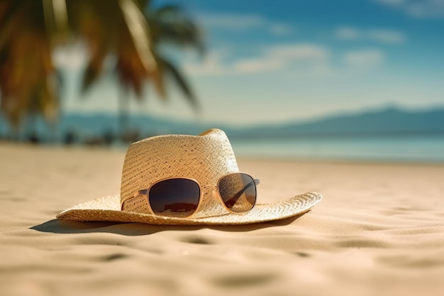 concetto di banner di viaggio estivo buone vacanze sulla spiaggia sabbiosa del mare tropicale cappello panama e occhiali da sole