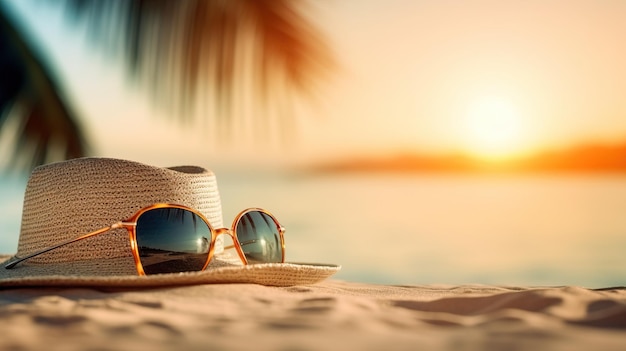 concetto di banner di viaggio estivo buone vacanze sulla spiaggia sabbiosa del mare tropicale cappello panama e occhiali da sole