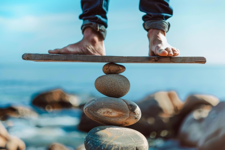 Foto concetto di bilanciamento tra vita lavorativa e vita personale person balancing rocks on a balance scale generative ai