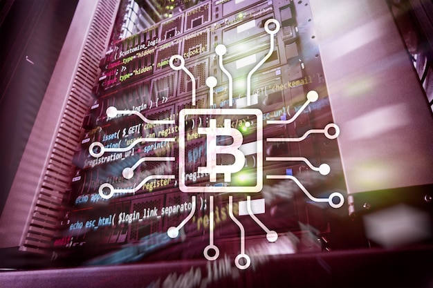 Concetto di Bitcoin Blockchain sullo sfondo della sala server