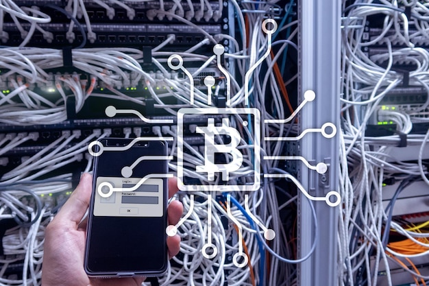 Concetto di Bitcoin Blockchain sullo sfondo della sala server