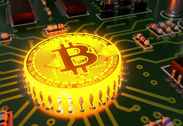 Concetto Di Bitcoin Come Un Processore Incandescente Sulla Scheda Madre