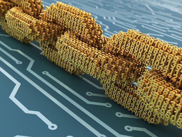 Concetto di blockchain catena digitale di numeri 3D interconnessi su scheda di circuito blu