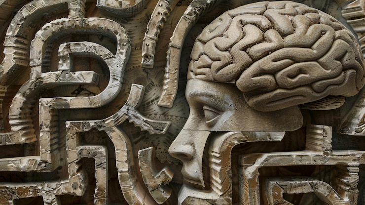 Foto concetto di brainstorming come illustrazione 3d di un cervello umano con un labirinto sullo sfondo
