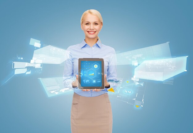 concetto di business, internet e tecnologia - donna d'affari che tiene tablet pc con ologramma