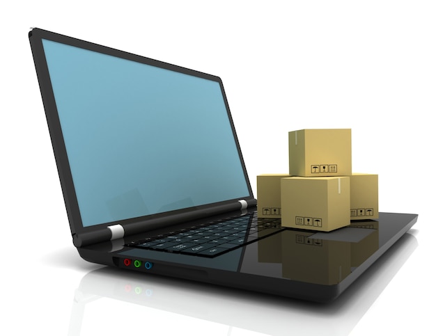 Concetto di business tecnologico, spedizione: scatole di cartone sul laptop