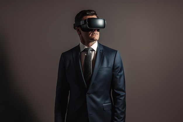 Concetto di business virtuale un uomo d'affari in un abito in occhiali VR su uno sfondo grigio