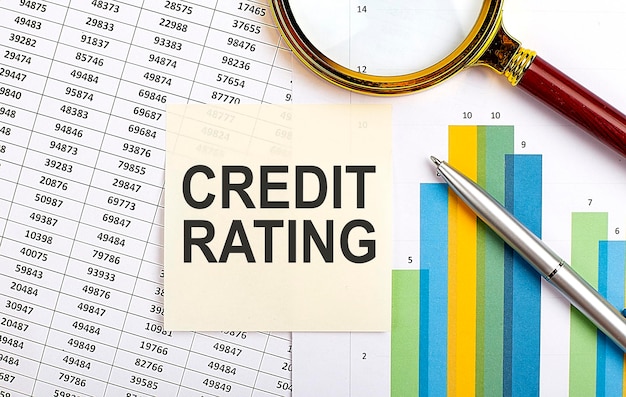 Concetto di business Vista dall'alto di stiscker con testo CREDIT RATING sullo sfondo del grafico