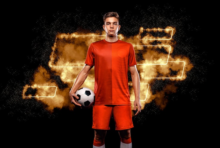 Foto concetto di calcio scommesse sportive sul calcio design per un bookmaker scarica banner per il sito sportivo giocatore di calcio vincitore su uno sfondo di fuoco