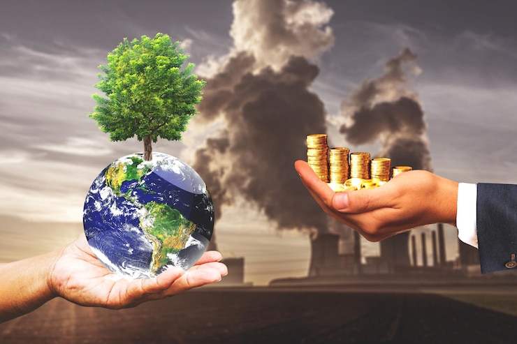 Concetto di capitalismo o ambiente Un'immagine metaforica del denaro industriale o del mantenimento della bellezza del mondo