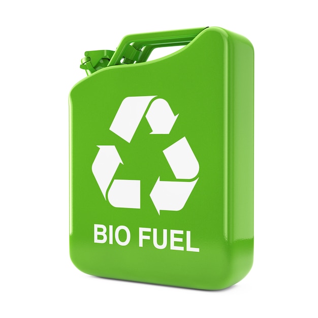 Concetto di carburante ecologico. Green Metal Jerrycan con riciclare e bio carburante segno su uno sfondo bianco. Rendering 3D
