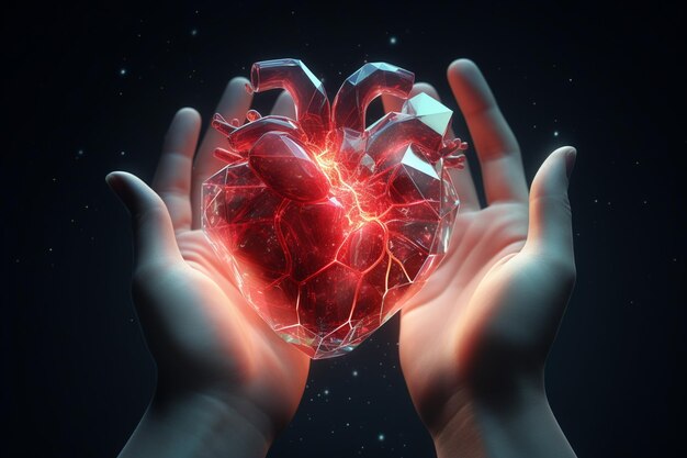 Concetto di cardiologia futuristica con ologramma di organo cardiaco tenuto da una mano umana poligonale bassa e luminosa