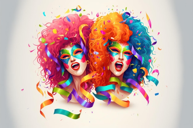 Concetto di Carnevale Maschere colorate parrucche folli simbolo dell'esplosione di gioia e colore Sfondo bianco IA generativa