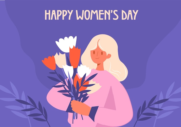 Concetto di cartolina di felicità per la Festa della Donna in disegno a cartone animato piatto Una ragazza carina con un bellissimo bouquet