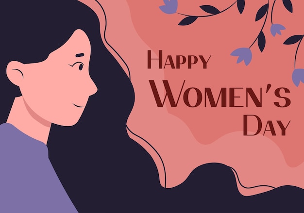 Concetto di cartolina di Happy Womens Day in disegno a cartone animato piatto Una bella ragazza con i capelli neri