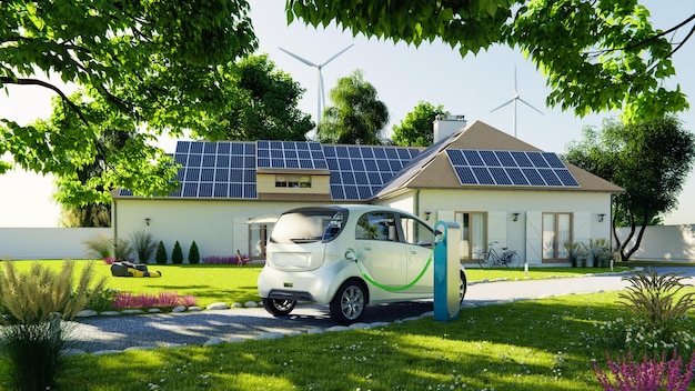 Concetto di casa a energia rinnovabile con auto elettriche ricaricate da celle solari e rendering 3d di energia eolica