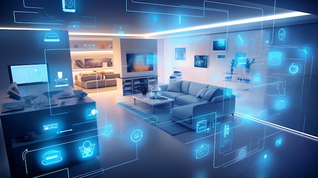 Concetto di casa intelligente che collega oggetti all'interno della casa con la tecnologia intelligente artificiale