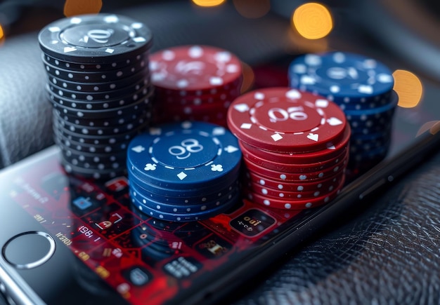 Concetto di casinò online Chip sullo schermo dello smartphone