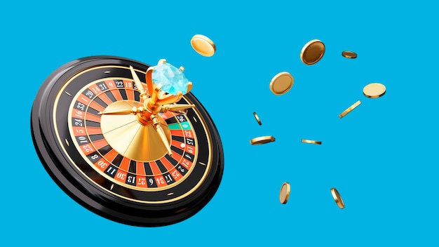 Concetto di casinò online Ruota della roulette e monete d'oro volanti su sfondo blu isolato rendering 3d