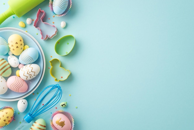 Concetto di celebrazione della Pasqua Foto in vista superiore del piatto con uova di Pasqua colorate Utensili da cucina Rollingpin Whisk Stampi da cottura di carta e spruzzate su sfondo blu pastello isolato con copyspace