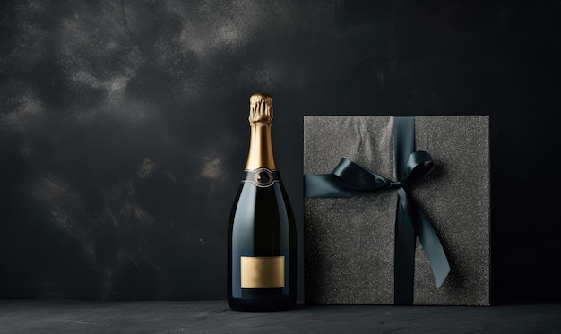 Concetto di celebrazione festiva con una bottiglia di champagne accanto a una confezione regalo nera AI generativa