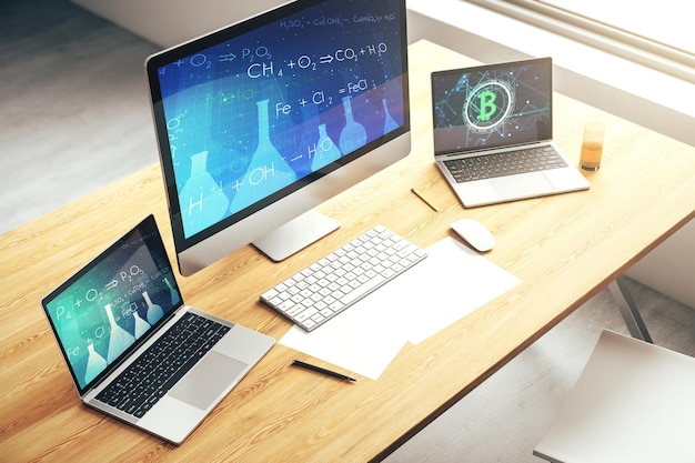 Concetto di chimica creativa sul rendering 3D dello schermo del laptop moderno