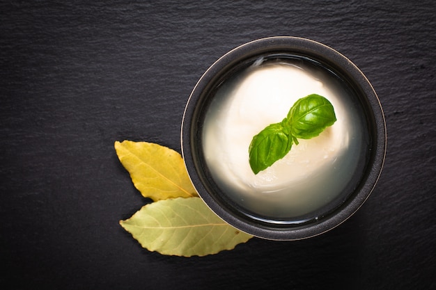 Concetto di cibo biologico Mozzarell in tazza di ceramica con basilico e foglie di alloro
