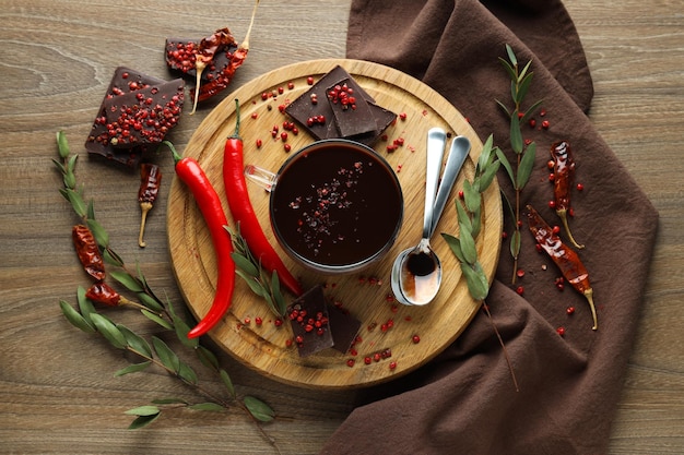 Concetto di cibo delizioso cioccolato con pepe e cioccolata calda con pepe