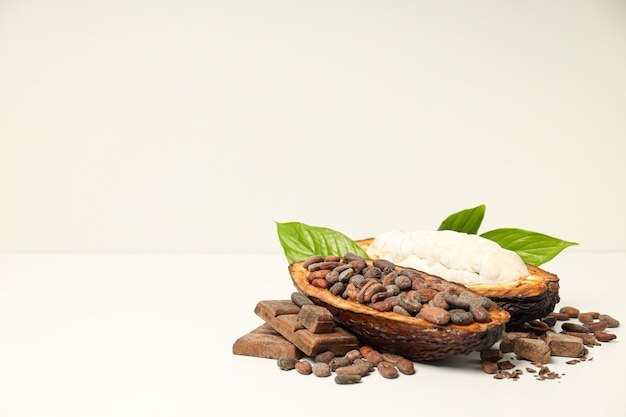 Concetto di cibo fresco e aromatico fave di cacao