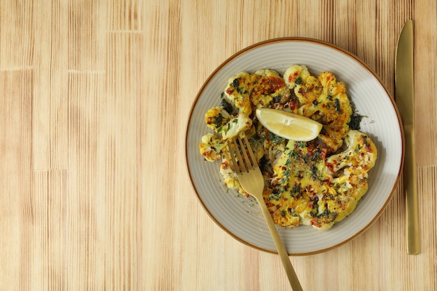 Concetto di cibo gustoso con cavolfiore al forno su fondo di legno.