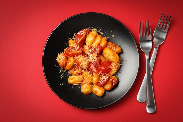 Concetto di cibo gustoso con gnocchi di patate, vista dall'alto