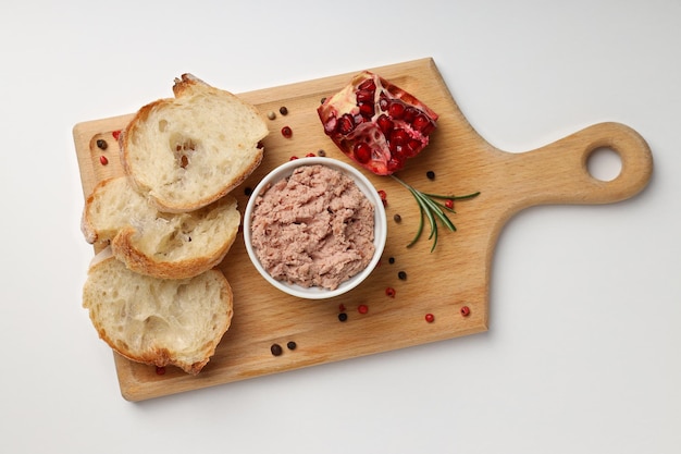 Concetto di cibo gustoso con patè, vista dall'alto