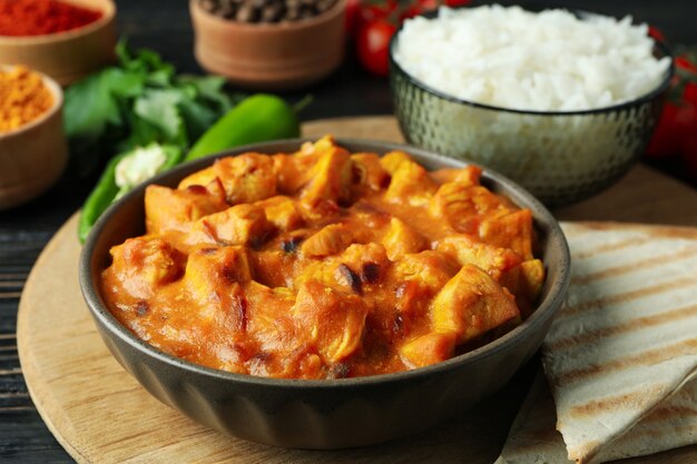 Concetto di cibo gustoso con pollo tikka su fondo in legno