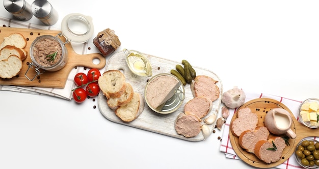 Concetto di cibo gustoso con vista dall'alto di antipasti di patè