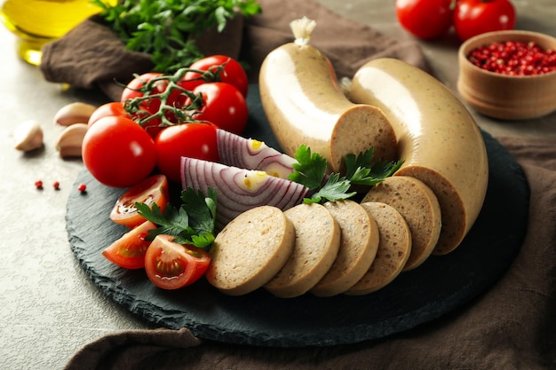 Concetto di cibo gustoso salsiccia di fegato da vicino