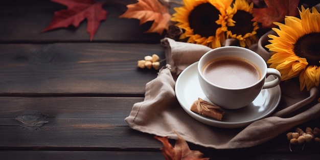 Concetto di cibo per il Ringraziamento Tavola autunnale con piatto, tazza di tè e zucche Sunfl Generativa AI