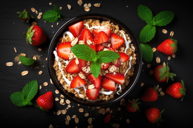 Concetto di cibo sano Colazione al muesli con fragole fresche su sfondo nero vista dall'alto