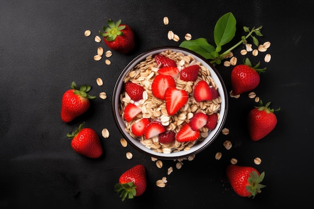 Concetto di cibo sano Colazione al muesli con fragole fresche su sfondo nero vista dall'alto