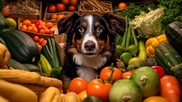 Concetto di cibo sano per cani cane seduto sotto le verdure IA generativa