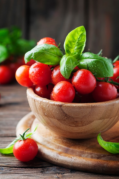 Concetto di cibo vegetariano con basilico e pomodoro