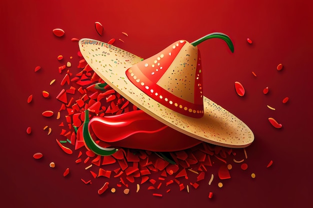 Concetto di Cinco de Mayo Peperoncino rosso carino in sombrero che tiene la chitarra nelle sue mani Ai generativo