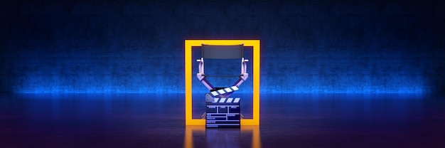 Concetto di cinema di film video Sedia da regista e rendering 3d di batacchio di film