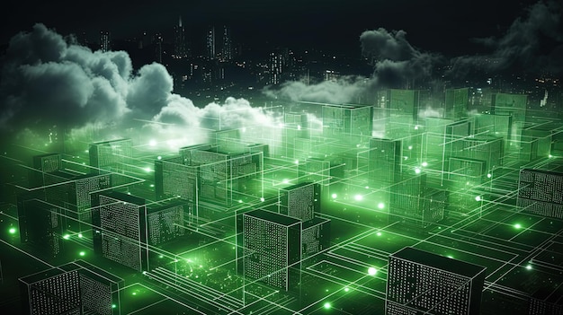 Concetto di città digitale con connessioni cloud Rete futuristica tra le nuvole IA generata