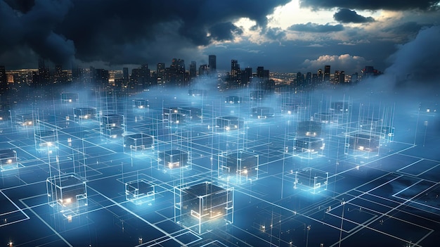 Concetto di città digitale con connessioni cloud Rete futuristica tra le nuvole IA generata