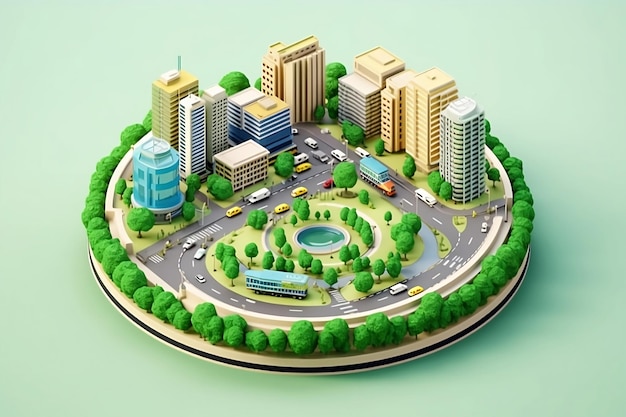 Concetto di città intelligente con auto e edifici e albero verde con AI generativa 3D low poly isometric