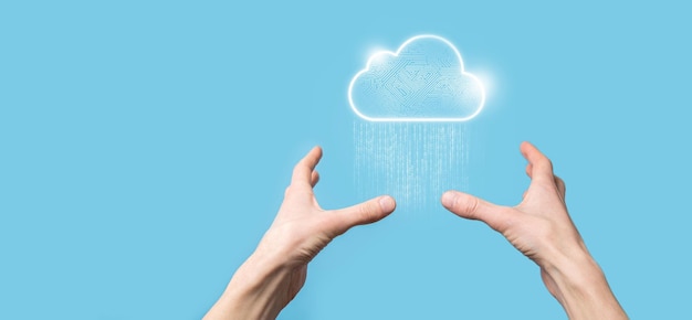 Concetto di cloud computing, cloud per il trasferimento di dati. Cloud computing, big data center, infrastruttura futura, concetto di intelligenza artificiale. Simbolo di hosting virtuale, icona. caricare download.Simbolo di hosting virtuale