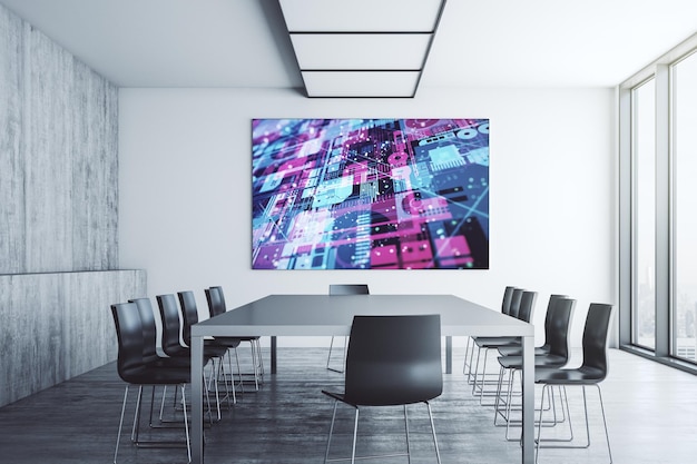 Concetto di codifica creativa astratta sullo schermo di presentazione in una moderna sala conferenze d rendering